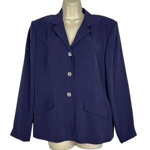 SILX 100% Silk Blazer Jacket Womens Medium Navy Blue Classic Career Office Lined